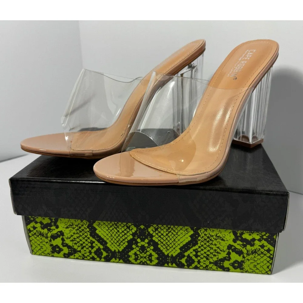 NWT Cape Robbin Womens Fusion Clear Block Heel Mules Nude Sandals 10